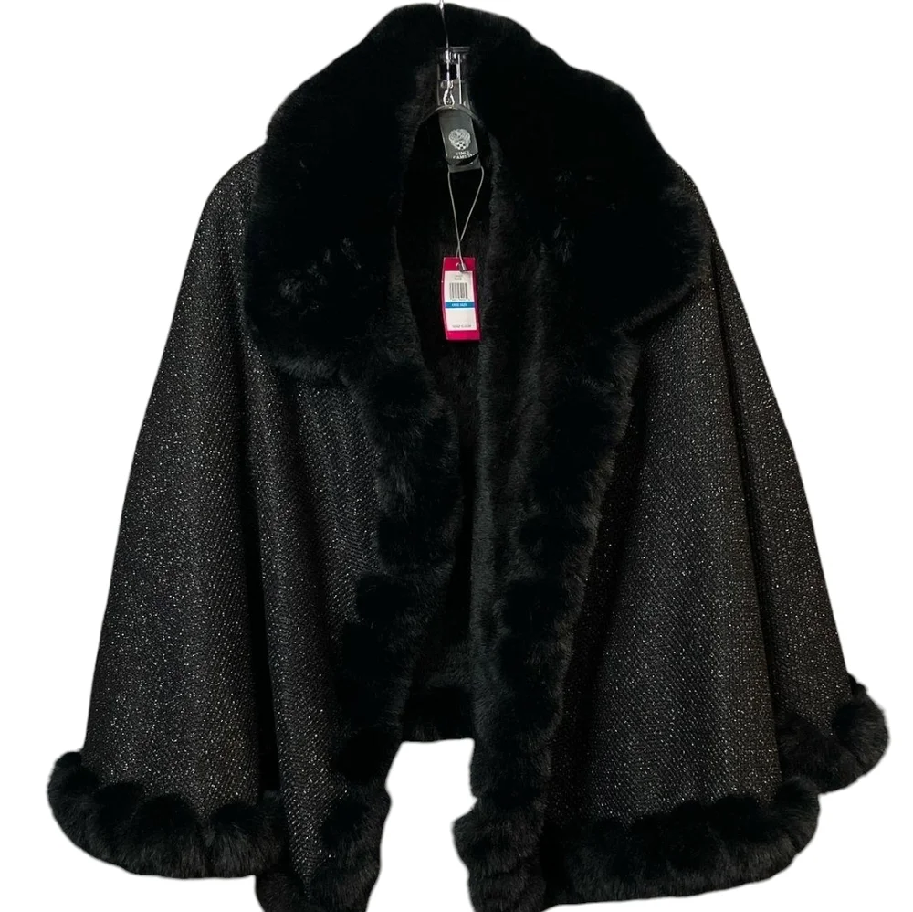 NWT VINCE CAMUTO Whip Stitched Black Faux Fur Trimmed Cape - Picture 5 of 7